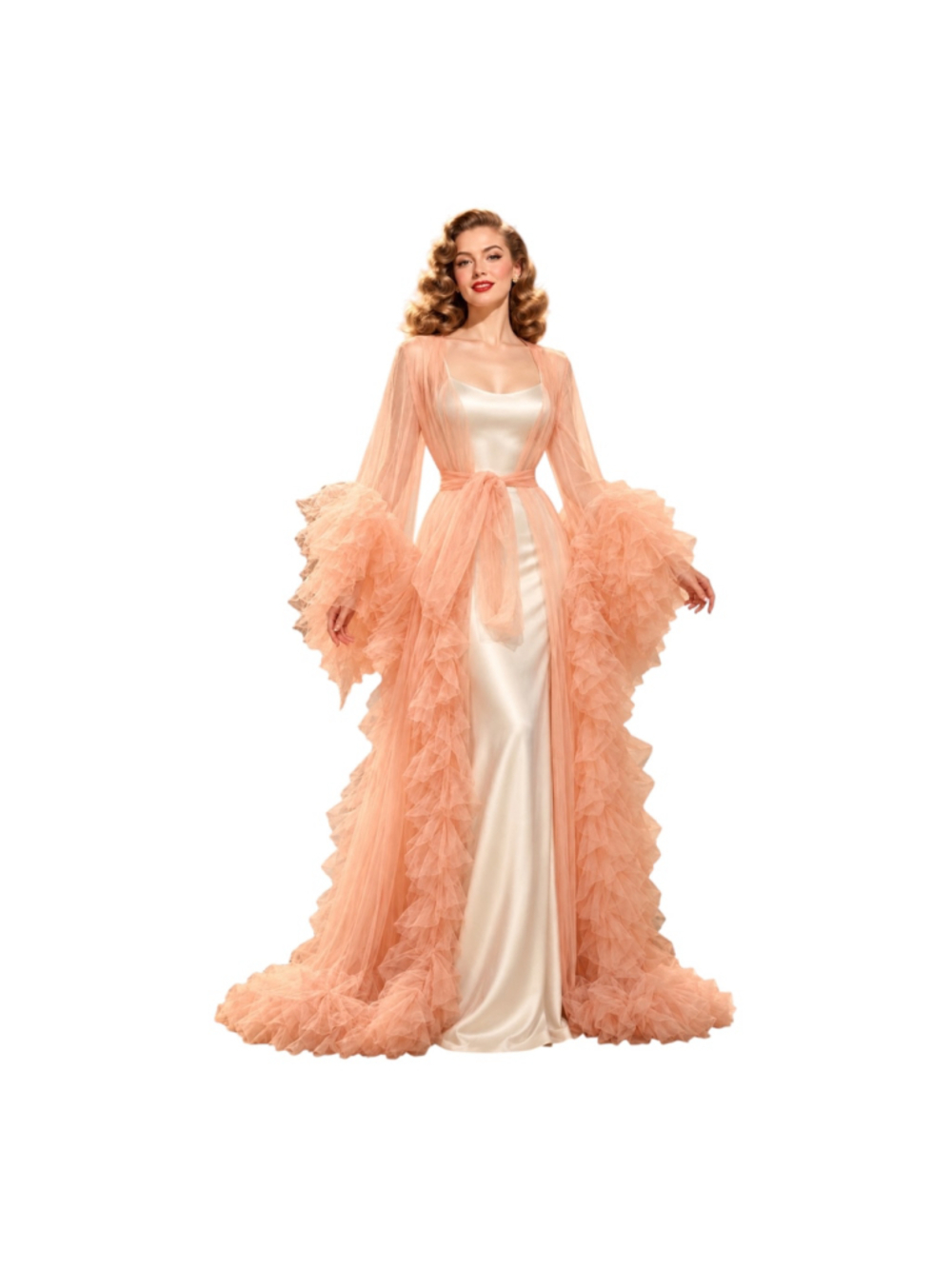 Blush Peach Pink Sheer Tulle Ruffle Robe O/S Old Hollywood Boudoir